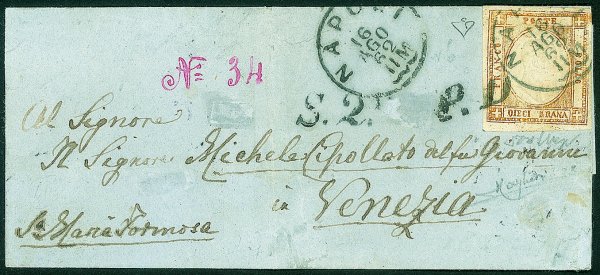 Antichi Stati Italiani - Province Napoletane - Falso dell'epoca - 1861 - 10 grana arancio falso per posta del II tipo effige C (F8)