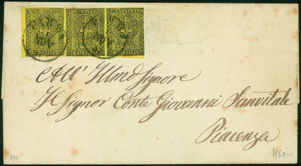 Antichi Stati Italiani - Parma - Lettera affrancata con striscia orizzontale di tre del 5 cent giallo arancio (1)