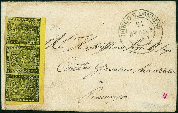 Antichi Stati Italiani - Parma - Lettera affrancata con striscia orizzontale di tre del 5 cent giallo arancio