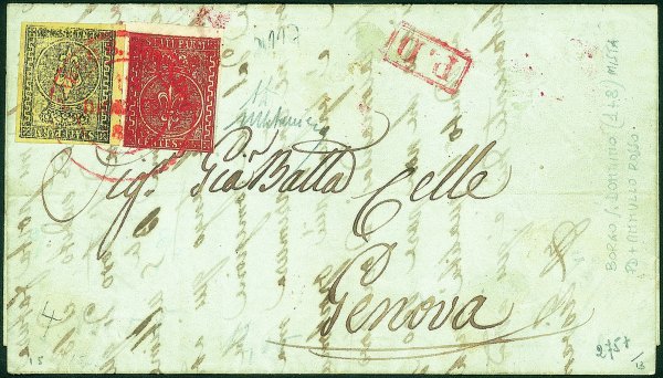 Antichi Stati Italiani - Parma - Lettera affrancata con 5 cent giallo + 25 cent bruno rosso (1 + 8)