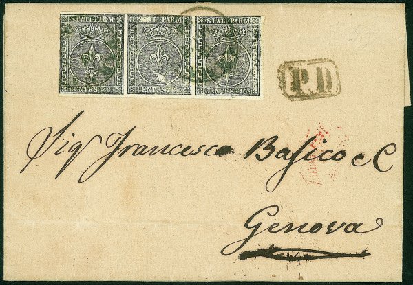Antichi Stati Italiani - Parma - Striscia di tre esemplari 10 cent bianco