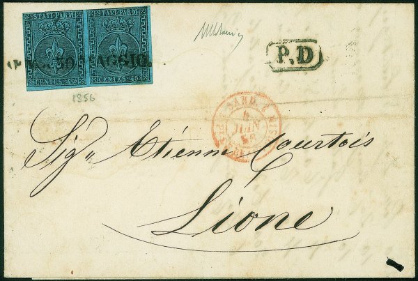 Antichi Stati Italiani - Parma - Lettera affrancata con coppia orizzontale del 40 cent azzurro (5)