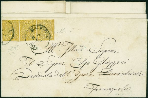 Antichi Stati Italiani - Parma - Lettera con striscia di tre 5 cent giallo (6a)