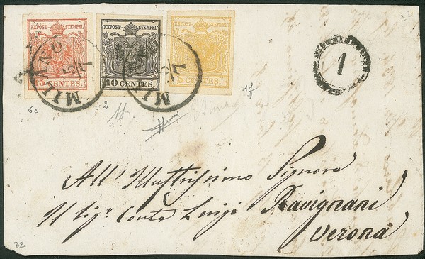 Antichi Stati Italiani - Lombardo Veneto - Tricolore - 15 cent (6) + 10 cent (2) + 5 cent (1f)