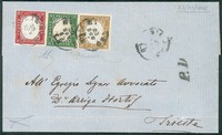 Regno - Vittorio Emanuele II - Tricolore mista Sardegna/Regno - lettera affrancata con 5 cent verde scuro (13D)