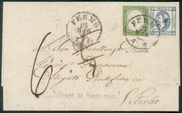 Regno - Vittorio Emanuele II - Bella letterina con affrancatura mista Sardegna/Regno composta da 5 cent verde (13Ea)