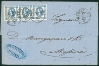 Regno - Vittorio Emanuele II - Striscia di tre del 15 cent litografico (13 + 13 + 13d)