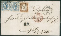 Regno - Vittorio Emanuele II - Mista Sardegna/Regno - bella letterina affrancata con 10 cent bistro scuro (14Eb)