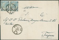 Regno - Vittorio Emanuele II - Lettera affrancata con coppia orizzontale del 20 cent su 15 Ferro di Cavallo (23a)