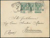Regno - Vittorio Emanuele III - Busta affrancata con striscia orizzontale di tre del 5 cent Floreale angolo di foglio (70)