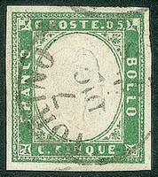 Antichi Stati Italiani - Sardegna - 1855 - 5 cent (13c - verde pisello)
