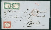 Antichi Stati Italiani - Sardegna - Coppia del 5 cent verde smeraldo + 40 cent vermiglio (13d + 16a)