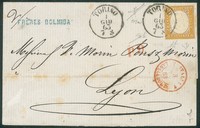 Antichi Stati Italiani - Sardegna - 80 cent giallo (17Da) su involucro di lettera da Torino a Lione del 1.6.63