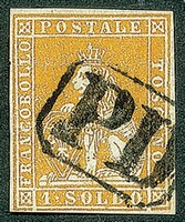 Antichi Stati Italiani - Toscana - 1851 - 1 soldo bistro su azzurro (2b) usato (PD in cartella)