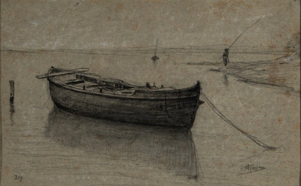 ADOLPHE APPIAN - Una barque a l'ancre sur un etang