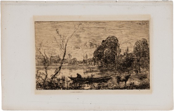 CAMILLE JEAN-BAPTISTE COROT - Ville d'Avay: l'etang au batelier (Effet du soir)