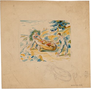 COLIN PAUL EMILE - Deux hommes poussant un canoe sur un support a roues