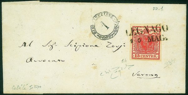 Antichi Stati Italiani - Lombardo Veneto - 15 cent I tipo Cotelè (14) su bustina da Legnago (SD) a Verona del 10.5....