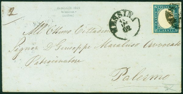 Antichi Stati Italiani - Sardegna - Bel 20 cent cobalto verdastro (15Dg) su lettera da Messina a Palermo del 14.4.62