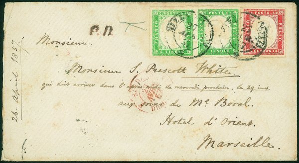 Antichi Stati Italiani - Sardegna - Coppia del 5 cent verde smeraldo + un 40 cent vermiglio tenue (13d + 16) su busta da Nizza Marittima a Marsiglia del 27.4.57
