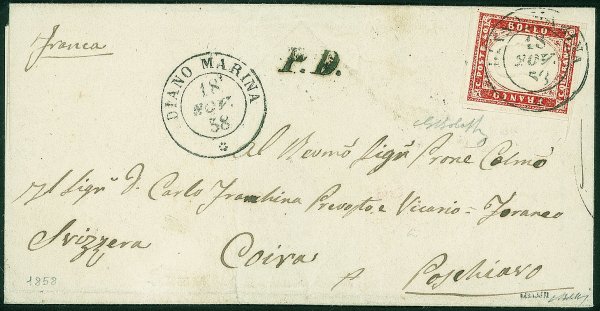 Antichi Stati Italiani - Sardegna - Bell'esemplare del 40 cent rosso scarlatto (16A) su bustina da Diano Marina a Poschiavo (Coira) del 18.11.58