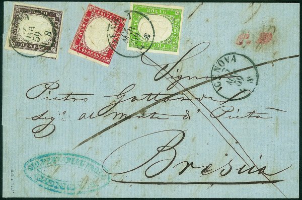 Antichi Stati Italiani - Sardegna - Tricolore - lettera con 5 cent verde giallo (stampa difettosa) + 10 cent bruno violaceo + 40 cent rosso scarlatto (13Ah + 14Ab + 16A) da Genova a Brescia del 3.3.59