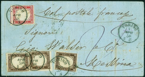 Antichi Stati Italiani - Sardegna - Tre 10 cent terra d'ombra + 40 cent rosso scarlatto (14 + 16Aa) su lettera da Torino a Messina del 1.4.58 'Col Postale Francese'