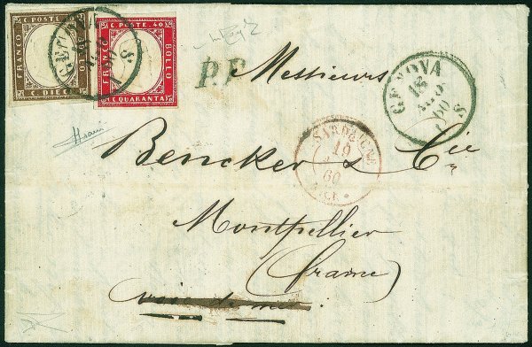 Antichi Stati Italiani - Sardegna - Lettera affrancata con 10 cent bruno giallastro + 40 cent rosso (14Aa + 16C) da Genova a Montpellier (Francia) del 18.8.60