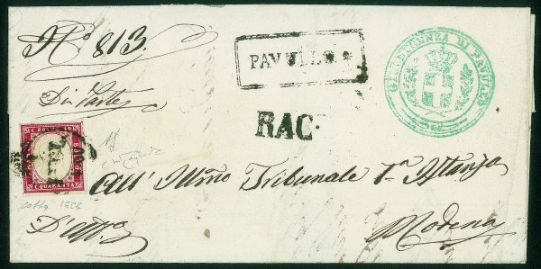 Antichi Stati Italiani - Sardegna - Pavullo (cartella + bollo a cerchio con cappello ducale - P.ti 13) su lettera per Modena del 3.7.60