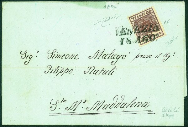 Antichi Stati Italiani - Lombardo Veneto - Bel 30 cent carta cotelè (16) su lettera da Venezia a S.M. Maddalena del 18.8.51