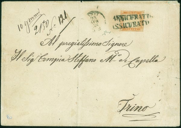 Antichi Stati Italiani - Sardegna - Lettera assicurata di doppio porto da ASTI 23 APR.58