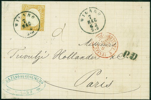 Antichi Stati Italiani - Sardegna - Bell'esemplare 80 cent giallo ocra pallido (17A) su lettera da Milano a Parigi (Francia) del 7.5.62