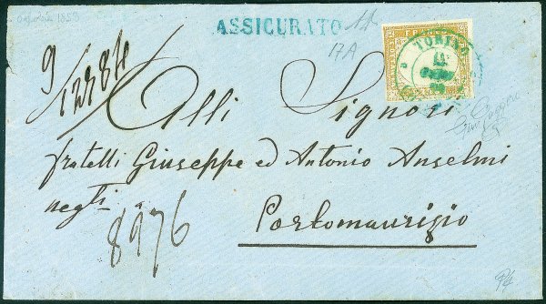 Antichi Stati Italiani - Sardegna - Busta assicurata affrancata con 80 cent giallo ocra pallido (17A) da Torino a Portomaurizio del 12.10.59