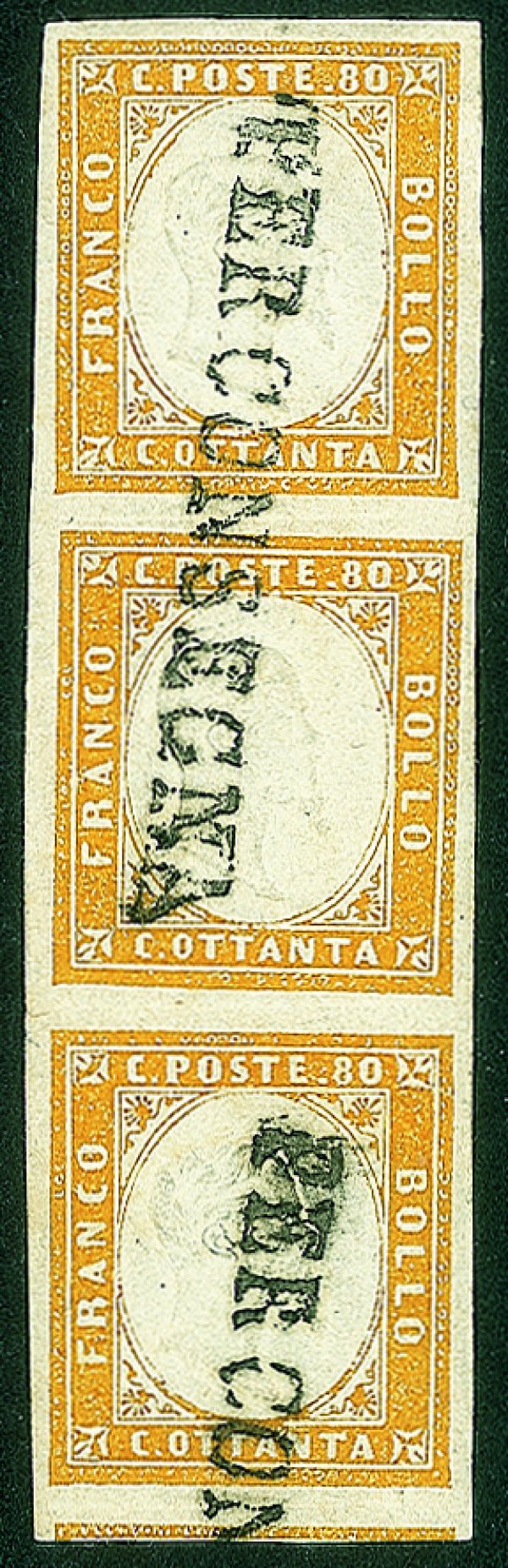 Antichi Stati Italiani - Sardegna - Striscia verticale di tre del 80 cent giallo arancio chiaro (17B) annullato con lineare toscano 'Per Consegna'
