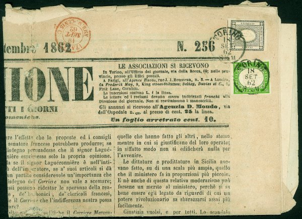 Antichi Stati Italiani - Sardegna - Giornale 'L'Opinione' affrancato con 5 cent (13D) + 1 cent per Stampati (19) - Torino 18.9.62