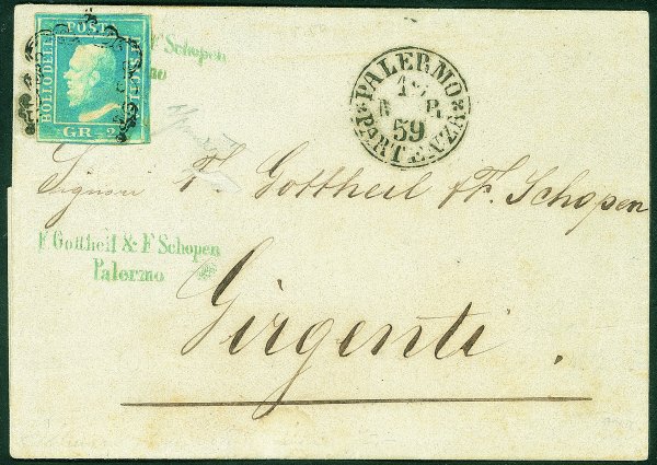 Antichi Stati Italiani - Sicilia - 2 grana cobalto I Tavola (6b) su bustina da Palermo a Girgenti del 12.3.59