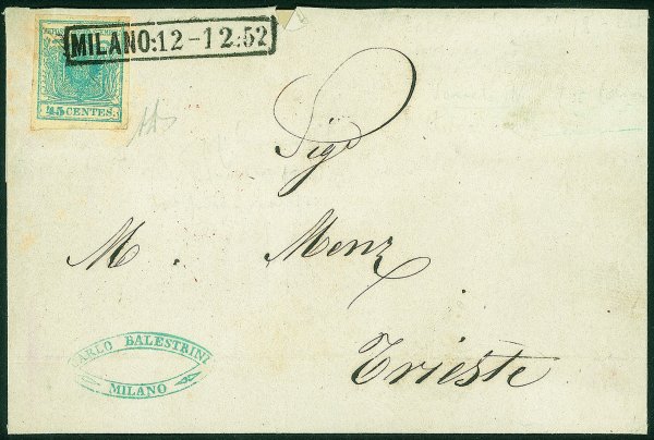 Antichi Stati Italiani - Lombardo Veneto - Carta a coste verticali - 45 cent azzurro I tipo (17) con evidente grinza di carta diagonale su lettera da Milano a Trieste del 12.12.52 - A. Diena
