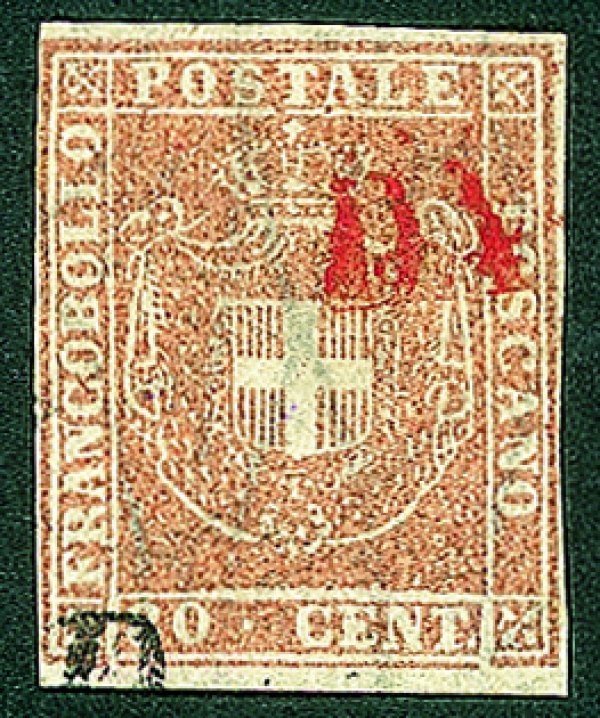 Antichi Stati Italiani - Toscana - Governo Provvisorio - 1860 - Bell'esemplare del 80 cent carnicino (22) annullato in basso con parte di timbro nero e in alto con parte di timbro rosso
