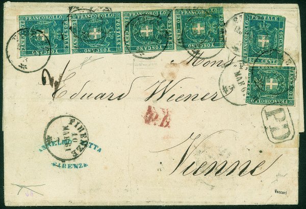 Antichi Stati Italiani - Toscana - Governo Provvisorio - 1860 -  Eccezionale lettera con striscia verticale di quattro + due esemplari del c.20 azzurro