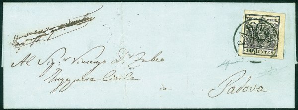 Antichi Stati Italiani - Lombardo Veneto - 10 cent nero carta a macchina (19) con bei margini su letterina per città - Padova 14.9.58 - L. Gazzi + cert. Raybaudi
