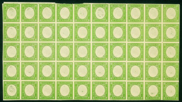 Regno - Vittorio Emanuele II - 1861 - Non Emessi - Intero foglio di cinquanta esemplari del 5 cent verde giallo (1)