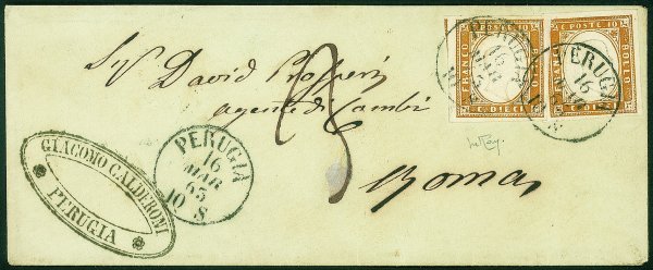 Regno - Vittorio Emanuele II - Due 10 cent (14E) su bustina da Perugia a Roma del 16.3.63 tassata per 3 baj