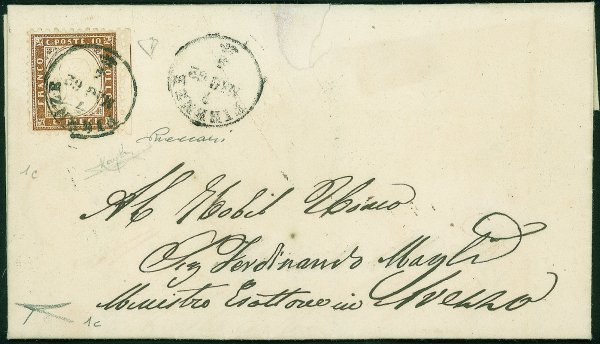 Regno - Vittorio Emanuele II - Bellissimo esemplare del 10 cent bruno (1c/1lf) con bordo di foglio a destra e linea di riquadro su lettera da Firenze a Arezzo del 7.5.62