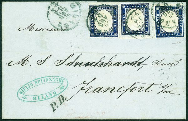 Regno - Vittorio Emanuele II - Tre esemplari del 20 cent indaco (2) tutti bordo di foglio applicati su lettera da Milano a Francoforte via Svizzera del 20.8.62