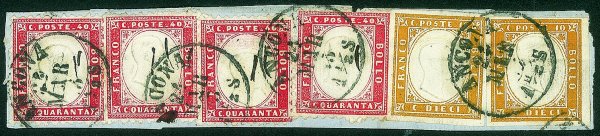 Regno - Vittorio Emanuele II - Frammento con rara affrancatura multipla del 40 cent (3) + due esemplari del 10 cent bistro arancio (14Df) annullati Ancona 24.3.63