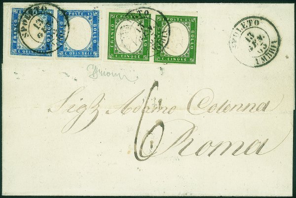 Regno - Vittorio Emanuele II - Due esemplari del 15 cent (11) + coppia del 5 cent verde cupo (13E) su lettera da Spoleto a Roma del 13.1.63