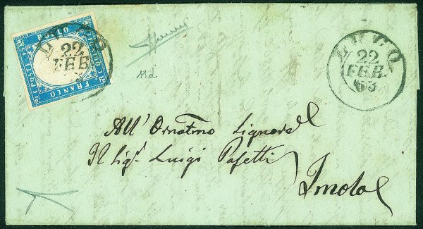 Regno - Vittorio Emanuele II - 15 cent celeste latteo (11d) su letterina da Lugo a Imola del 22.2.63 
Molto bella in ottimo stato di conservazione - cert. Sorani + cert. Bottacchi
