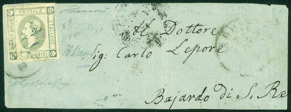 Regno - Vittorio Emanuele II - Fronte di lettera 23 dicembre 1863 con 15 cent. FALSO dell'Aquila (F8)