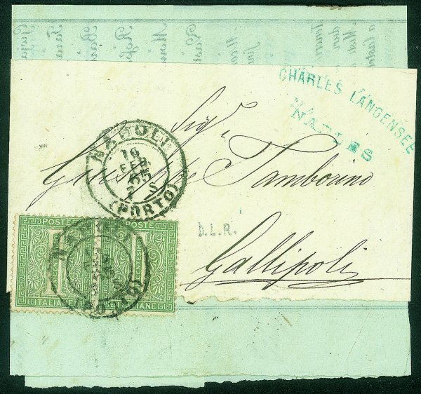 Regno - Vittorio Emanuele II - Bella fascetta completa di documento affrancata con coppia 1 cent DLR (L14) da Napoli a Gallipoli del 10.2.65