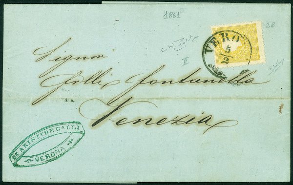 Antichi Stati Italiani - Lombardo Veneto - Circolare a stampa con 2 soldi II tipo (28) da Verona a Venezia del 5.2.61